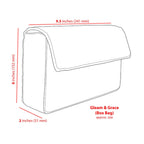 A line drawing of a box bag with red dimension lines and text showing approximate measurements: 9.5 inches (241 mm) wide, 6 inches (152 mm) tall, and 2 inches (51 mm) deep.
