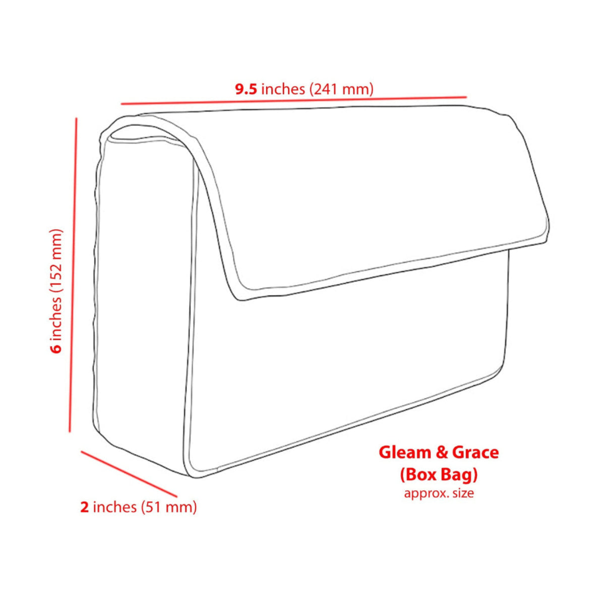 A line drawing of a box bag with red dimension lines and text showing approximate measurements: 9.5 inches (241 mm) wide, 6 inches (152 mm) tall, and 2 inches (51 mm) deep.